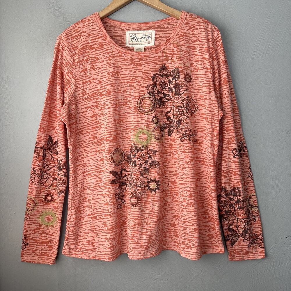 Aventura Burnout Knit Tee Shirt Size XL Orange Lightweight Y2K Boho Granola Fall
